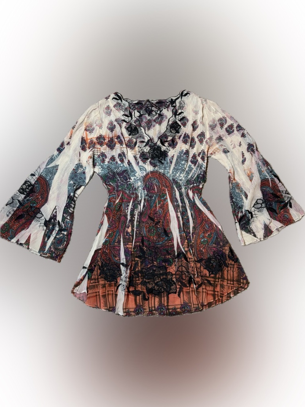 E90 Sienna Rose Boho Paisley Embroidered Blouse, Size L